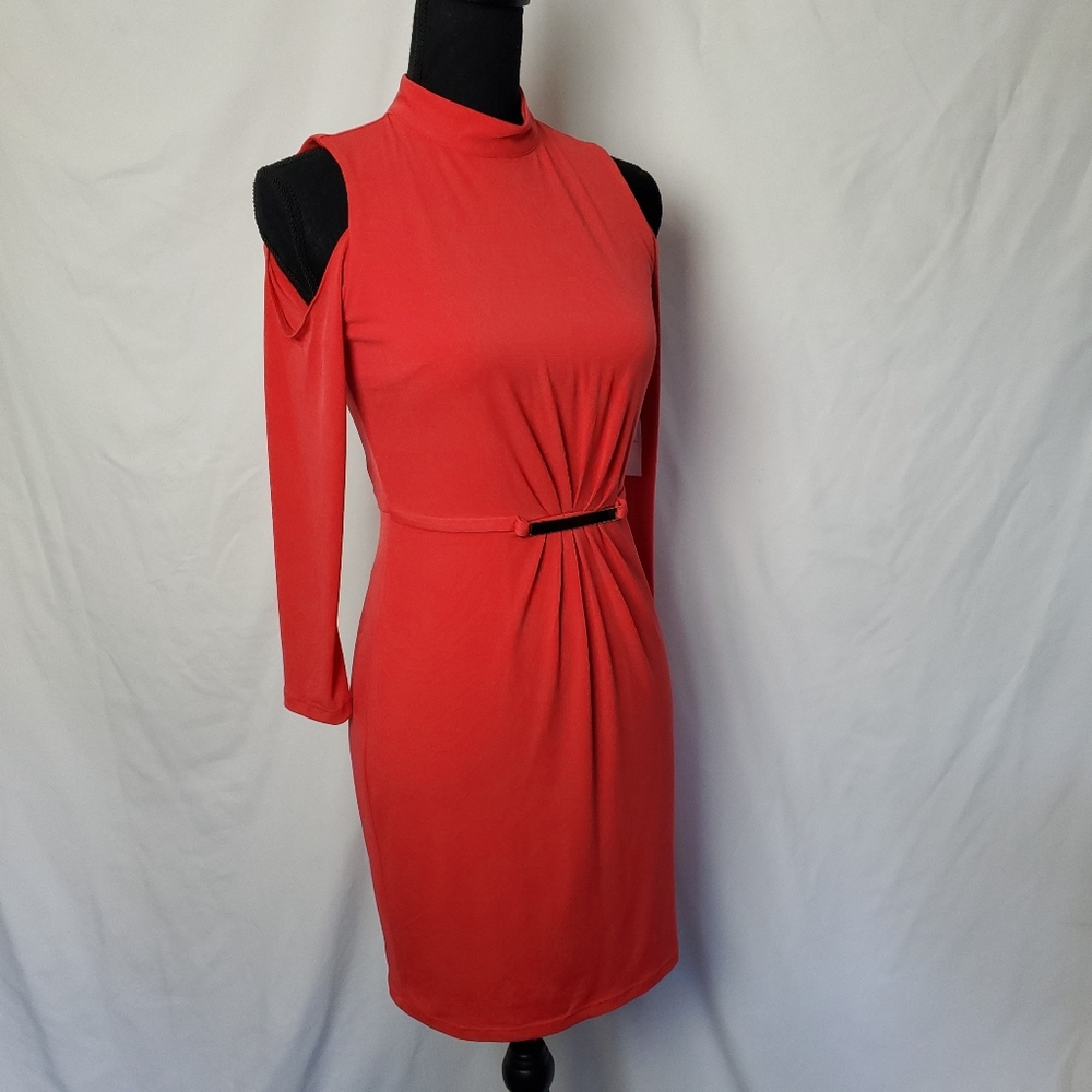 Jessica Simpson Cold Shoulder Coral Mock Neck Attached Belt Sheath Dress Size 2 - Picture 5 of 16